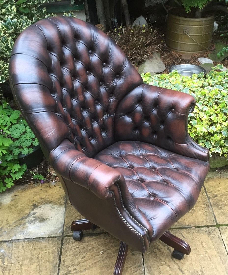Superb Antique Style Large Leather Brown Swivel Office Armchair
