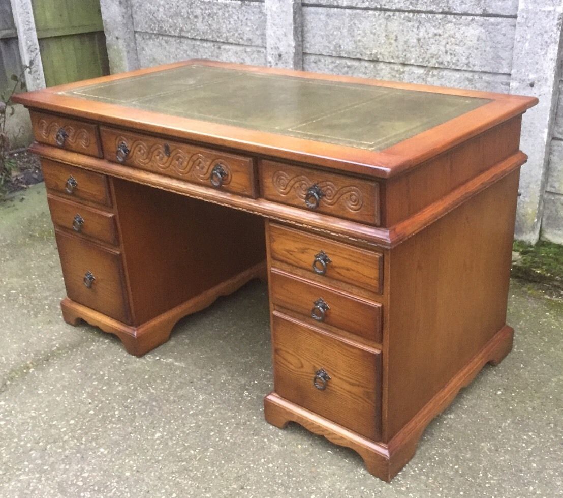 Superb Old Charm Leather Topped Writing Desk With Chairvery Clean
